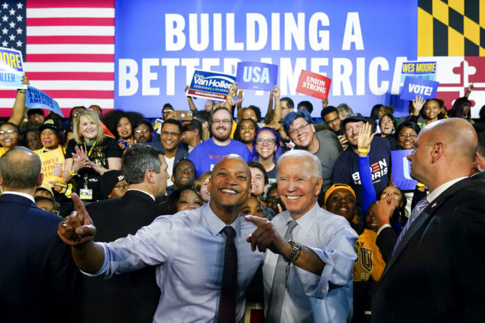 President Joe Biden poses for photos with Maryland Democratic gubernatorial candidate Wes Moore during a campaign rally at Bowie State University in Bowie, Md., Monday, Nov. 7, 2022. Photo: Susan Walsh / AP President Joe Biden poses for photos with Maryland Democratic gubernatorial candidate Wes Moore during a campaign rally at Bowie State University in Bowie, Md., Monday, Nov. 7, 2022. Photo: Susan Walsh / AP