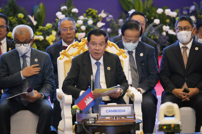 FILE - Cambodian Prime Minister Hun Sen addresses during the second Southeast Asian Nations (ASEAN) Global Dialogue in Phnom Penh, Cambodia, Sunday, Nov. 13, 2022. Photo: Anupam Nath / AP File