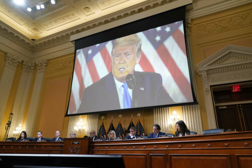 A video of former President Donald Trump is shown on a screen, as the House select committee investigating the Jan. 6 attack on the U.S. Capitol holds its final meeting on Capitol Hill in Washington, Monday, Dec. 19, 2022. Photo: J. Scott Applewhite / AP