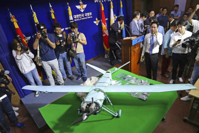 FILE - A suspected North Korean drone is viewed at the Defense Ministry in Seoul, South Korea, on June 21, 2017. Photo: Lee Jung-hoon / Yonhap via AP File