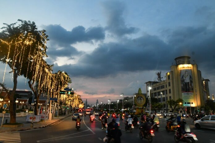 Decorative lights along Ratchadamnoen Avenue.