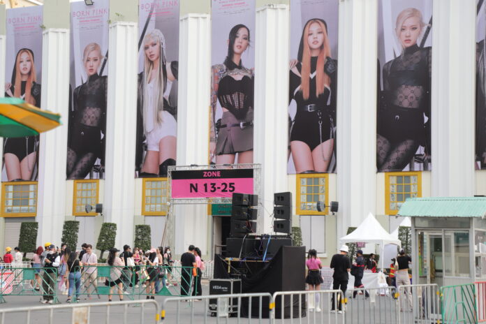 Banners of Lisa (Lalisa Manobal) and other Blackpink members outside the National Stadium, where the girl group's concert is held on Jan. 7, 2023.