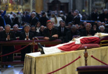Thousands Pour Into St. Peter’s for Funeral of Benedict XVI FILE - Former Taiwan's Vice-President Chen Chien-jen, second from left, prays in front of the body of late Pope Emeritus Benedict XVI, his head resting on a pair of crimson pillows, lying in state in St. Peter's Basilica at The Vatican, Wednesday, Jan. 4, 2023. Photo: Antonio Calanni / AP File