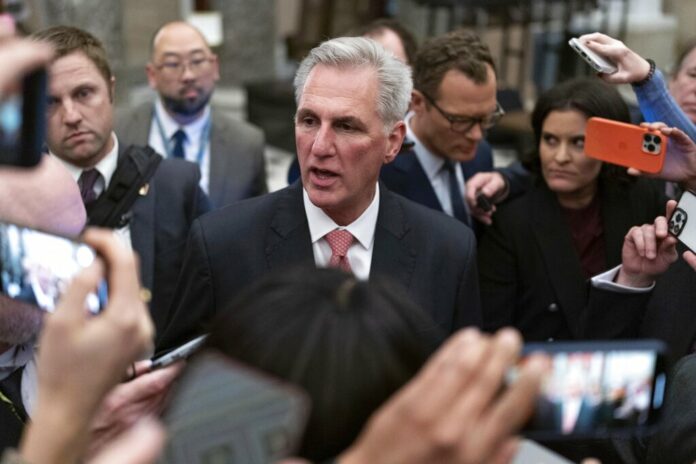 Rep. Kevin McCarthy, R-Calif., talks to reporters as he leaves the House floor after the House voted to adjourn for the evening as the House met for a third day to try and elect a speaker and convene the 118th Congress on Capitol Hill in Washington, Thursday, Jan. 5, 2023. Photo: Jose Luis Magana / AP Rep. Kevin McCarthy, R-Calif., talks to reporters as he leaves the House floor after the House voted to adjourn for the evening as the House met for a third day to try and elect a speaker and convene the 118th Congress on Capitol Hill in Washington, Thursday, Jan. 5, 2023. Photo: Jose Luis Magana / AP