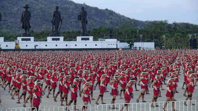 Soldiers and cadets perform the traditional Wai Kru ceremony during a Muay Thai festival at Rajabhakti Park in Hua Hin on Feb. 6, 2023.