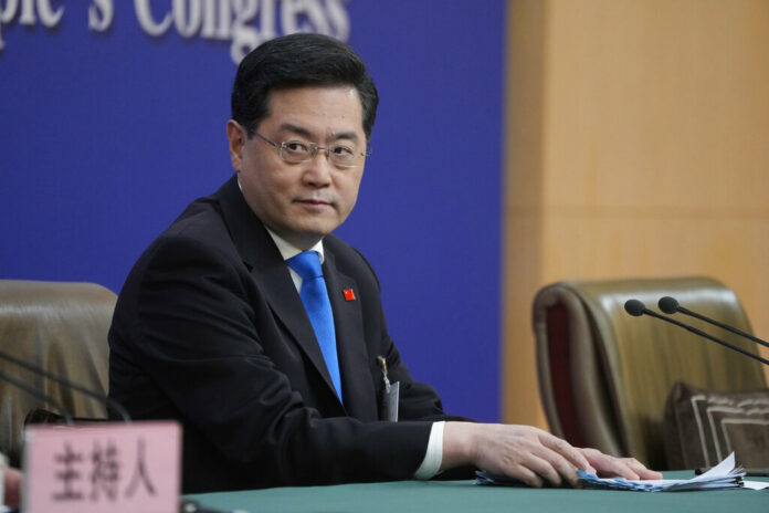 Chinese Foreign Minister Qin Gang looks on during a press conference held on the sidelines of the annual meeting of China's National People's Congress (NPC) in Beijing, Tuesday, March 7, 2023. Photo: Mark Schiefelbein / AP