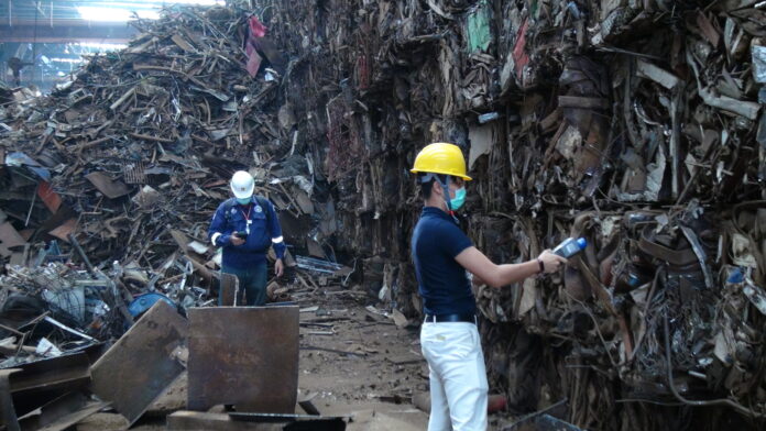 Personnel from the Office of Atoms for Peace use radiation detectors to locate the missing radioactive cylinder at a metal factory in Prachinburi province on Mar. 19, 2023.