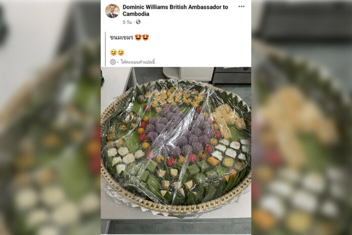 A screenshot of a Facebook post by British Ambassador to Cambodia Dominic Williams showing a plate of desserts with a caption in Khmer translated as 