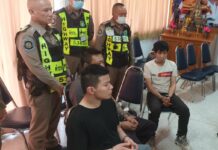 5 Arrested for Smuggling Migrants To Work in Phone Scam Ring The suspects at Highway Police Station 3 in Phitsanulok province on May 18, 2023.