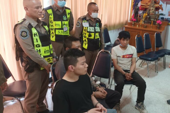 The suspects at Highway Police Station 3 in Phitsanulok province on May 18, 2023. The suspects at Highway Police Station 3 in Phitsanulok province on May 18, 2023.