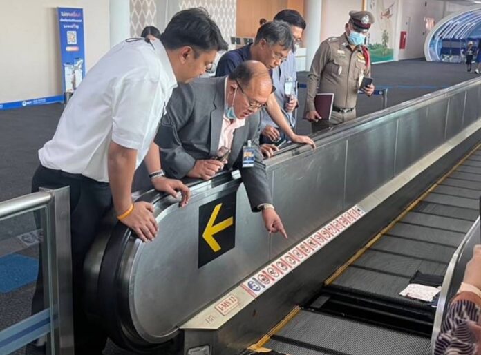 Officials inspect the moving walkway at Don Mueang International Airport on Jun. 29, 2023. Officials inspect the moving walkway at Don Mueang International Airport on Jun. 29, 2023.