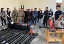 Taiwanese Drug Ring Busted in Thailand, 7 Arrested Police display drive shafts stashed with drugs seized from a house in Samut Prakan’s Bang Phli district on Aug. 18, 2023.