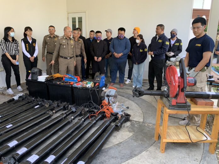 Police display drive shafts stashed with drugs seized from a house in Samut Prakan’s Bang Phli district on Aug. 18, 2023.