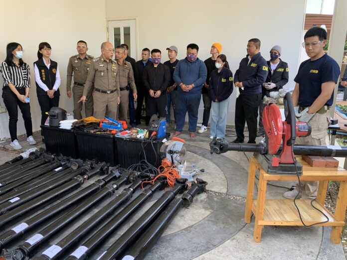 Police display drive shafts stashed with drugs seized from a house in Samut Prakan’s Bang Phli district on Aug. 18, 2023. Police display drive shafts stashed with drugs seized from a house in Samut Prakan’s Bang Phli district on Aug. 18, 2023.