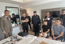 ATM ‘Skimmers’ Busted in Pattaya Police in Pattaya City arrest Chinese national Zhang Qiyu and Taiwanese national Chiu Yung Sheng at a hotel room on Sept. 28, 2023.