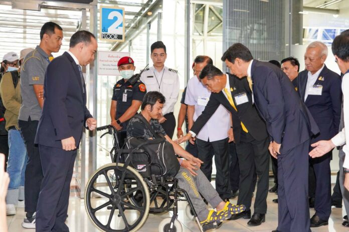 Injured Thai overseas workers, who were evacuated from Israel, arrive at Suvarnabhumi International Airport on Oct. 12, 2023. Injured Thai overseas workers, who were evacuated from Israel, arrive at Suvarnabhumi International Airport on Oct. 12, 2023.