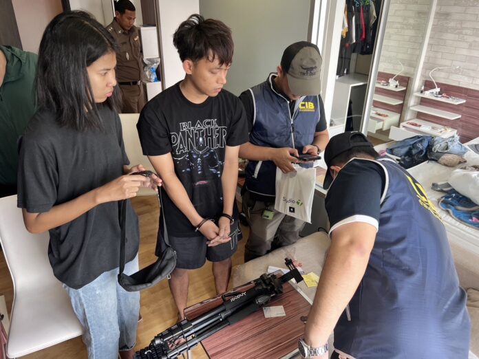 Police question Rossukon, left, and her boyfriend, Kankawee, right, during their arrest at a condominium in Nonthaburi province on Oct. 20, 2023. Police question Rossukon, left, and her boyfriend, Kankawee, right, during their arrest at a condominium in Nonthaburi province on Oct. 20, 2023.