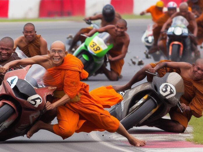 Computer-generated image of monks racing motorcycles. Image: 5didao / Facebook Computer-generated image of monks racing motorcycles. Image: 5didao / Facebook