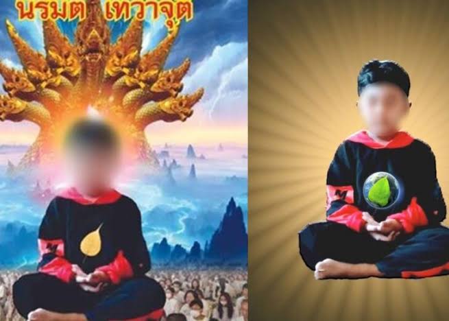 Images of Nong Nice meditating as published on his social media. Note: Images are blurred to comply with media regulations on underage individuals.