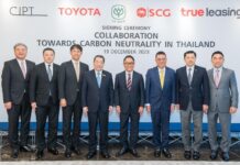 CP, True Leasing, SCG, Toyota, and CJPT Sign MOU To Achieve Carbon Neutrality in Thailand (Left to right) Hiroki Nakajima, President of CJPT; Soopakij Chearavanont, Chairman of CP; Koji Sato, President and CEO of Toyota; Dhanin Chearavanont, Senior Chairman of CP; Akio Toyoda, Chairman of Toyota; Roongrote Rangsiyopash, President and CEO of SCG; Suphachai Chearavanont, CEO of CP; Kachorn Chiaravanont, President of True Leasing and Member of Executive Committee of CP
