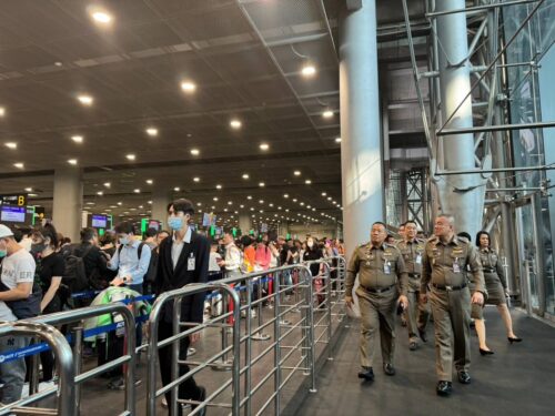 Immigration officials inspect the immigration checkpoint at Suvarnabhumi Airport on Feb. 6, 2024.