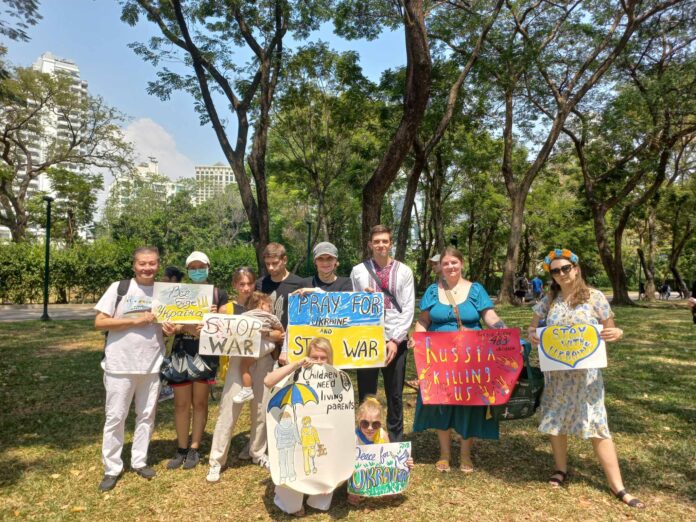 Protesters hold placards supporting Ukraine during a march against Russian invasion of Ukraine in Bangkok on Feb. 24, 2024. Photo: Embassy of Ukraine in the Kingdom of Thailand / Facebook.