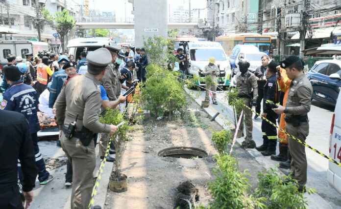 Police officers from Chokchai Police Station inspected the scene where a 59-year-old man stepped on a damaged manhole cover for electrical cable ducts and fell into the hole on May 3, 2024.