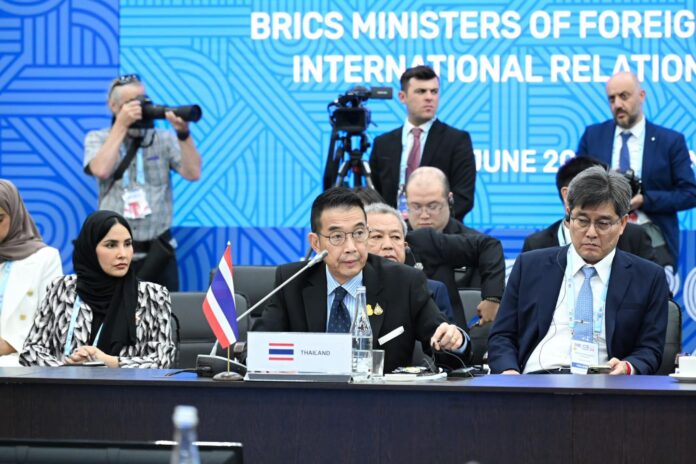 Foreign minister Maris Sangiampongsa delivers a statement during the BRICS Ministers of Foreign Affairs/International Relations Meeting in Nizhny Novgorod, Russia on June 11, 2024. Photo: Ministry of Foreign Affairs / Facebook Foreign minister Maris Sangiampongsa delivers a statement during the BRICS Ministers of Foreign Affairs/International Relations Meeting in Nizhny Novgorod, Russia on June 11, 2024. Photo: Ministry of Foreign Affairs / Facebook
