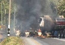 Oil tanker crash sparks blaze on Korat mountain road Oil tanker crash sparks blaze on Korat mountain road