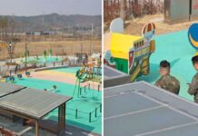 South Korea halts live-fire drills after girl hit by stray bullet A split picture of an overview of the playground on the left, and a photo on the right showing an overview of two military personnel investigating on the playground.