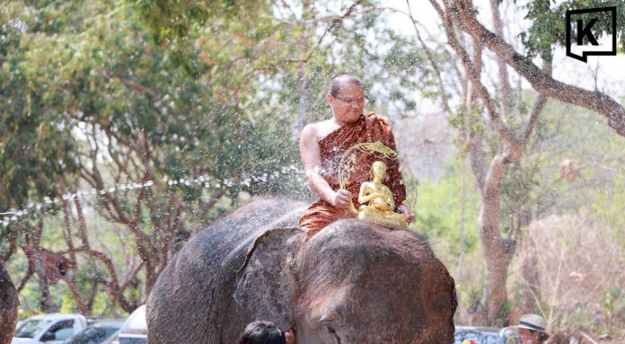 Elephants lead Songkran water pouring and blessing parade