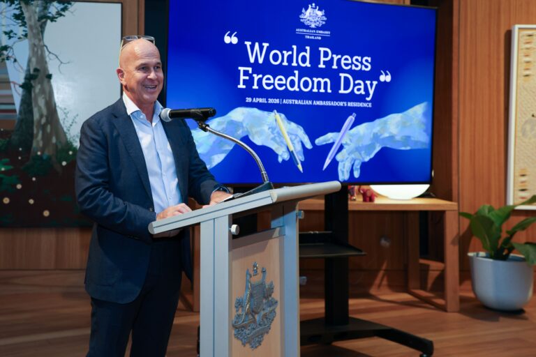 Peter Greste delivering remarks