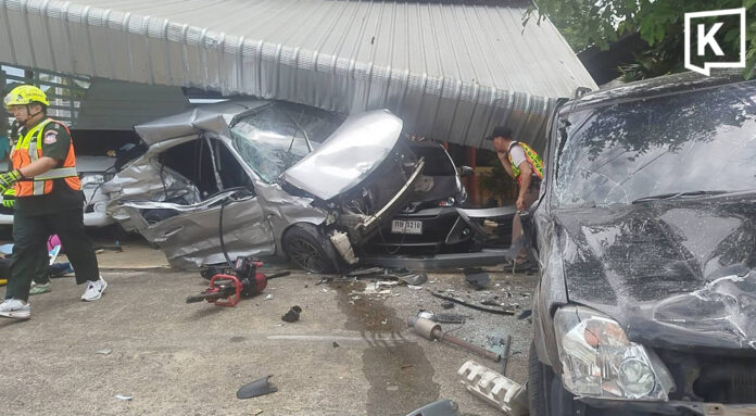 Sedan crashes into car lot, driver dies, drugs found