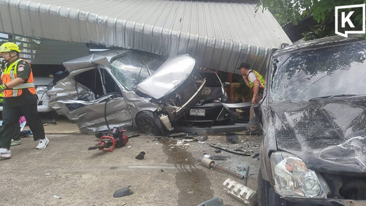 Sedan crashes into car lot, driver dies, drugs found