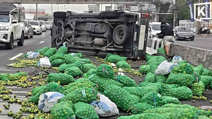 Lorry overturns after tyre blowout, spilling 100 sacks of limes across road