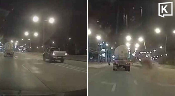 Dashcam captures pickup flipping over gas tanker Dashcam captures pickup flipping over gas tanker