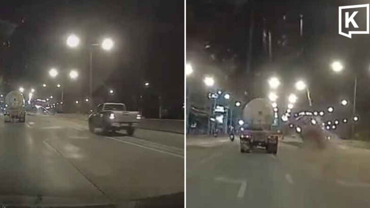 Dashcam captures pickup flipping into gas tanker