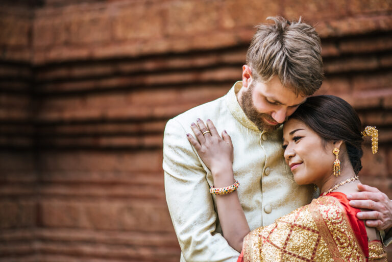 asian bride caucasian groom have romantic time with thailand dress
