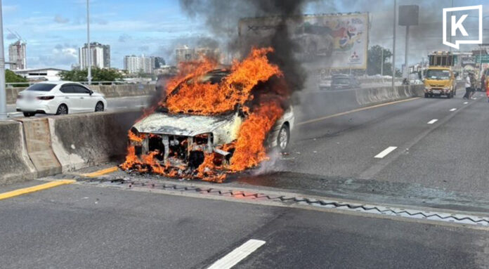 Car bursts into flames on Si Rat Expressway in Bangkok