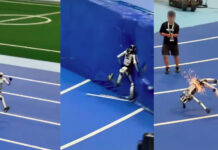 Humanoid robot crashes into wall during ‘Robot Olympics’ training Humanoid robot crashes into wall during ‘Robot Olympics’ training