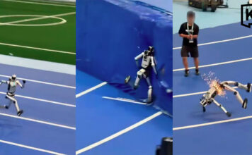 Humanoid robot crashes into wall during ‘Robot Olympics’ training Humanoid robot crashes into wall during ‘Robot Olympics’ training