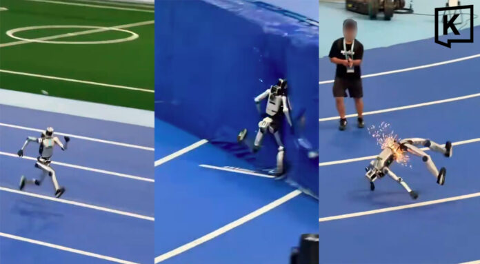 Humanoid robot crashes into wall during ‘Robot Olympics’ training Humanoid robot crashes into wall during ‘Robot Olympics’ training