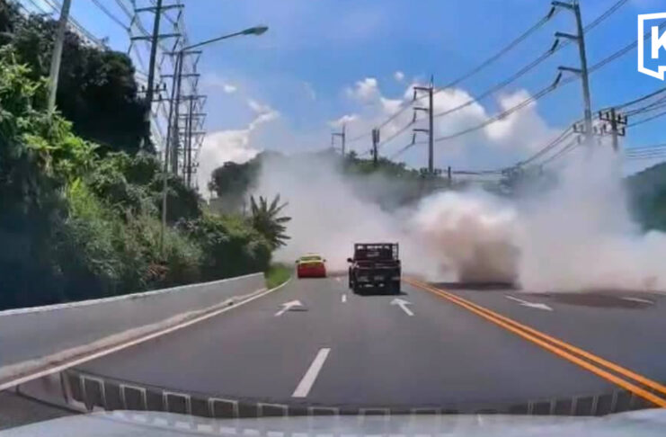 White smoke engulfs Phuket road after pickup truck breaks down
