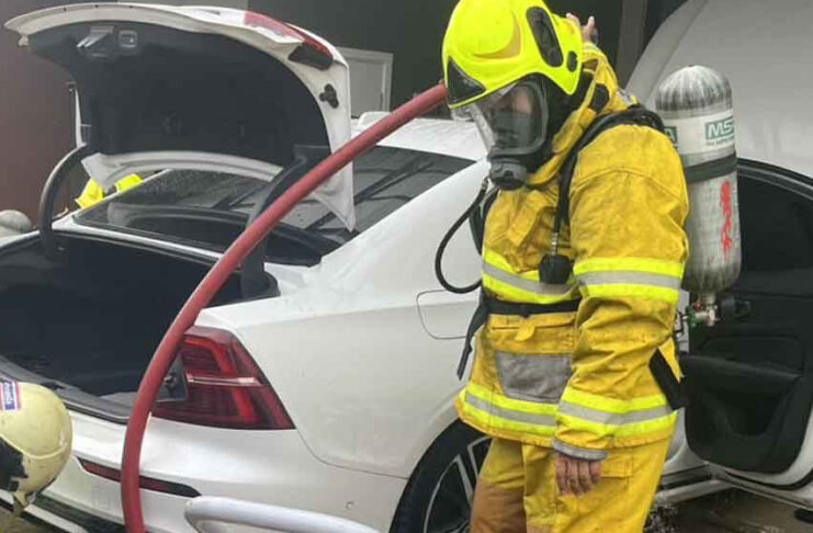 Luxury car catches fire after overnight charging in Pathum Thani