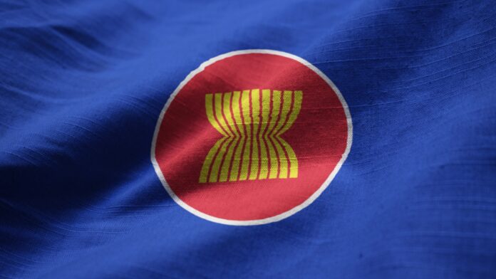 Closeup of Ruffled Association of Southeast Asian Nations Flag,