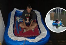 Athletes turn inflatable pool into boat amid Bangkok floods Athletes turn inflatable pool into boat amid Bangkok floods