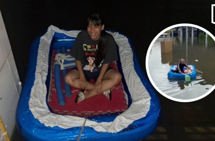Athletes turn inflatable pool into boat amid Bangkok floods Athletes turn inflatable pool into boat amid Bangkok floods
