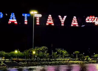Pattaya lights up city sign in US colors to welcome sailors Pattaya lights up city sign in US colors to welcome sailors