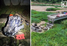 Family injured after car plunges from closed bridge in Kamphaeng Phet