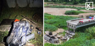 Family injured after car plunges from closed bridge in Kamphaeng Phet